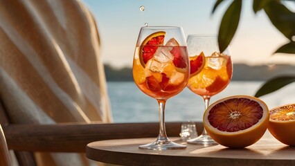 Refreshing orange spritz with blood orange slices by the sea at sunset