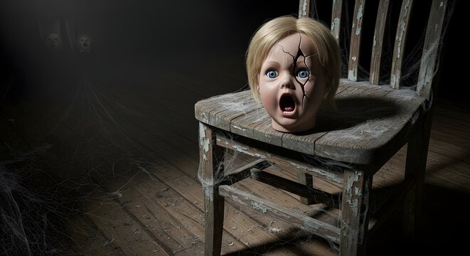 Eerie Rustic Aesthetic A chilling cracked doll head on an antique wooden chair, evoking a forgotten horror and unsettling beauty in a dark, atmospheric setting