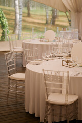 Setting the restaurant's bright tables in the sunset light