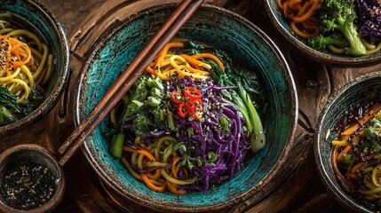 Healthy Asian inspired dinner with fresh noodles crisp vegetables and sesame seeds