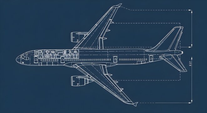 Blueprint of an Airplane Detailed Technical Illustration of an Aircraft Design and Structure