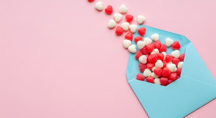 A blue envelope spilling out a cascade of red and white heart shaped candies on a pink background