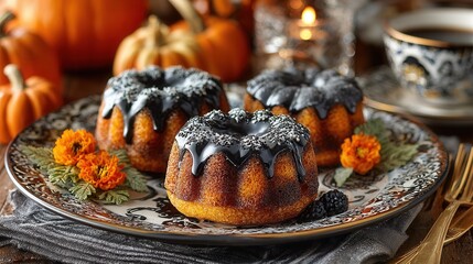 Halloween party dessert mini bundt cakes with black and orange glaze festive sweet treats