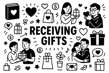 People and pets exchanging presents in cute doodle style, Transparent Background