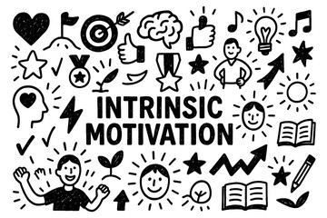 Intrinsic motivation doodle with passion, creativity, and personal growth icons, Transparent Background