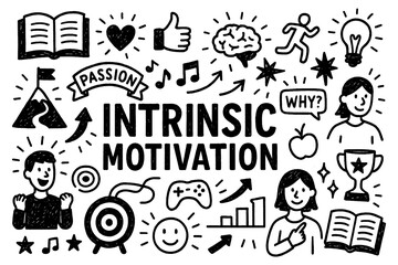 Intrinsic motivation doodle with passion, creativity, and personal growth icons, Transparent Background