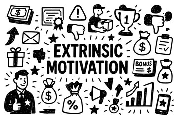 Extrinsic motivation doodle with rewards, success, and achievement icons, Transparent Background