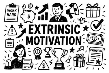 Extrinsic motivation doodle with rewards, success, and achievement icons, Transparent Background