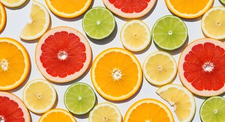 Vibrant citrus fruit slices: orange, lemon, lime, and grapefruit