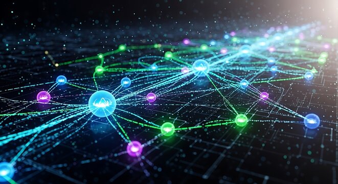 Abstract digital network with interconnected nodes and glowing lines, representing data flow and connections in a technological system.