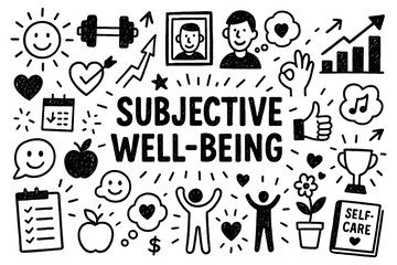 Subjective well-being doodle with happy people, self-care, and health icons, Transparent Background