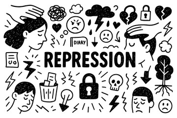 Repression psychology doodle with hidden emotions, sadness, and stress concept, Transparent Background