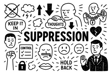 Suppression psychology doodle with sad people and emotion control symbols, Transparent Background