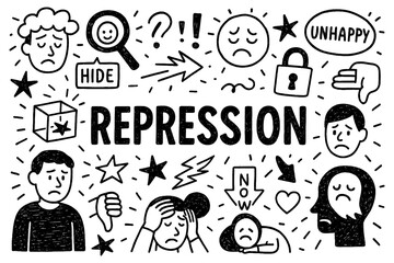 Repression psychology doodle with hidden emotions, sadness, and stress concept, Transparent Background