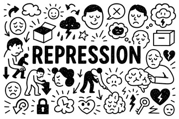 Repression psychology doodle with hidden emotions, sadness, and stress concept, Transparent Background