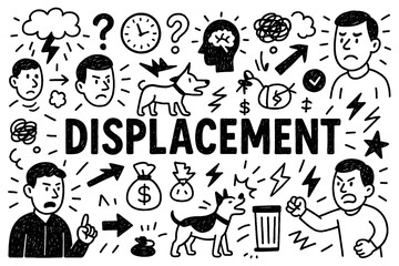 Displacement psychology doodle with angry faces, stress, and emotional transfer concept, Transparent Background