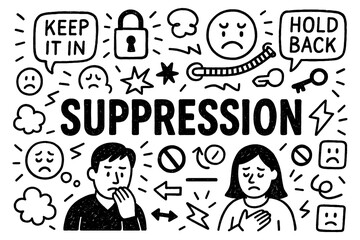 Suppression psychology doodle with sad people and emotion control symbols, Transparent Background