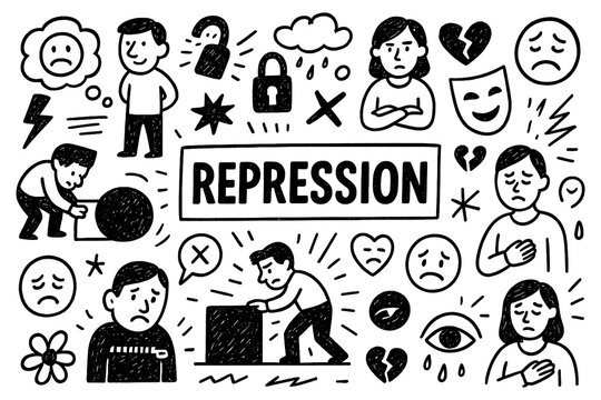 Repression psychology doodle with hidden emotions, sadness, and stress concept, Transparent Background