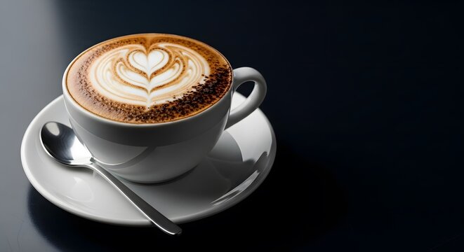 Heart Latte Art in Cappuccino on Dark Background with Spoon and Copy Space