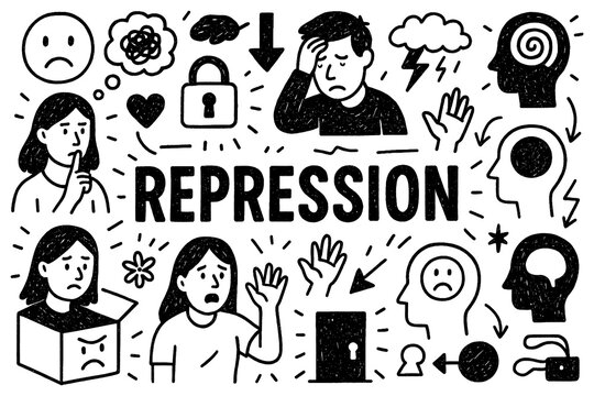 Repression psychology doodle with hidden emotions, sadness, and stress concept, Transparent Background