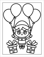 Santa Claus Flying in Sleigh Coloring Page for Kids – Christmas Line Art Illustration