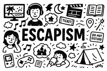 Escapism doodle composition with people relaxing, games, music, and books, Transparent Background