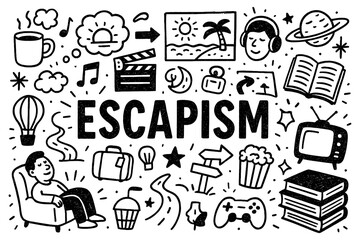 Escapism doodle composition with people relaxing, games, music, and books, Transparent Background