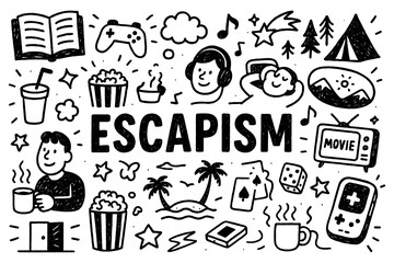 Fototapeta premium Escapism doodle composition with people relaxing, games, music, and books, Transparent Background