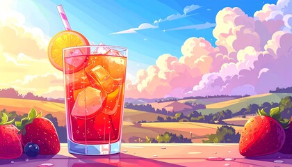Refreshing, stylized beverage with ice, fruit, and a straw, against a vibrant landscape of rolling hills and a cloudy, colorful sky
