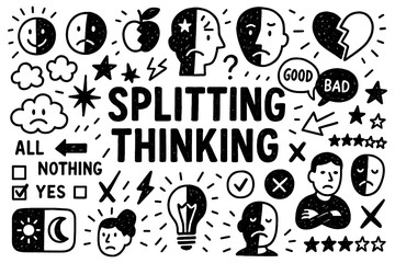 Splitting thinking psychology concept doodle with black and white mindset and all-or-nothing symbols, Transparent Background