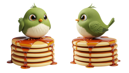  Cute green bird standing on pancakes stack with syrup isolated on transparent background PNG