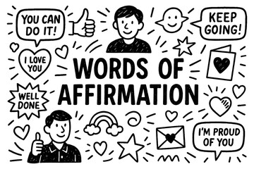 Words of affirmation doodle with motivational quotes, love messages, and positive symbols, Transparent Background