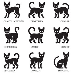 Cute cat breed silhouette icons set with labeled designs, perfect for stickers, crafts, and d&eacute;cor.