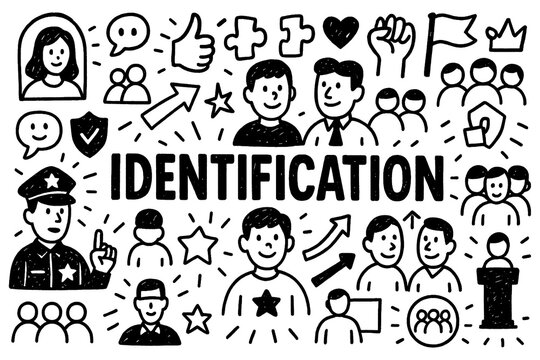 Identification concept doodle with people, police, and personal recognition icons, Transparent Background