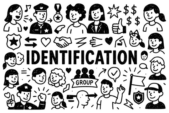 Identification concept doodle with people, police, and personal recognition icons, Transparent Background