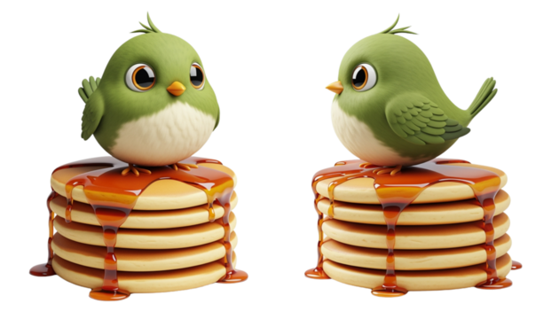  Cute green bird standing on pancakes stack with syrup isolated on transparent background PNG - Powered by Adobe