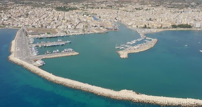 Aerial view of Mazara del Vallo, a town in the province of Trapani, Sicily, Italy. Overlooking the Mediterranean Sea at the mouth of the Mazaro River, it is an important Mediterranean fishing port.