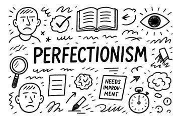 Perfectionism psychology concept with stress, self criticism, and retry cycle symbols in black and white doodle style, Transparent Background