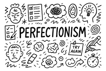 Obraz premium Perfectionism psychology concept with stress, self criticism, and retry cycle symbols in black and white doodle style, Transparent Background