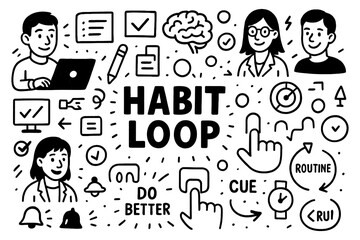 Habit loop psychology concept with cue, routine, and reward cycle symbols in black and white doodle style, Transparent Background