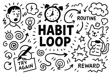 Habit loop psychology concept with cue, routine, and reward cycle symbols in black and white doodle style, Transparent Background