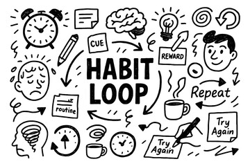 Fototapeta premium Habit loop psychology concept with cue, routine, and reward cycle symbols in black and white doodle style, Transparent Background