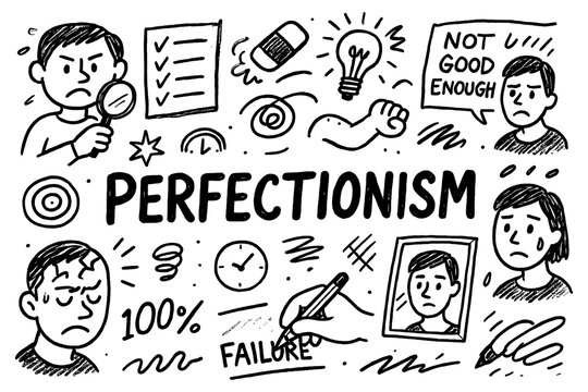 Perfectionism psychology concept with stress, self criticism, and retry cycle symbols in black and white doodle style, Transparent Background