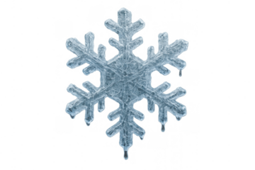 Blue frozen ice crystal snowflake with icy texture and transparent background representing winter and cold weather