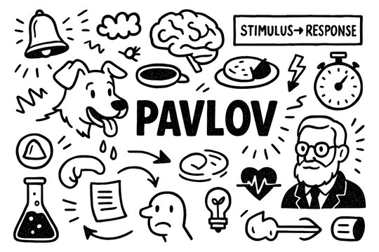 Pavlov classical conditioning concept with dog experiment and psychology symbols in black and white doodle style, Transparent Background