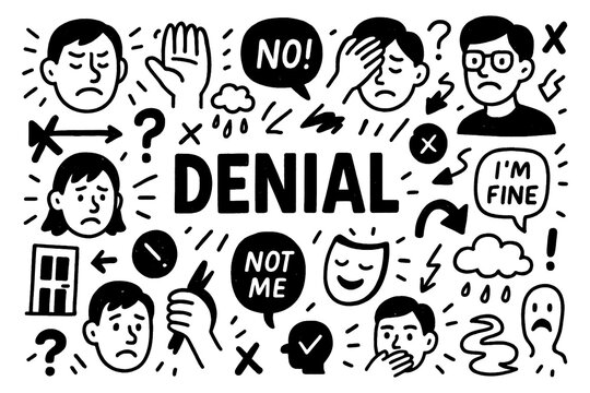 Denial psychology concept with emotional rejection and refusal symbols in black and white doodle style, Transparent Background