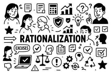 Rationalization psychology concept with excuses and logical justification symbols in black and white doodle style, Transparent Background