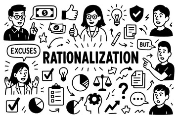 Rationalization psychology concept with excuses and logical justification symbols in black and white doodle style, Transparent Background