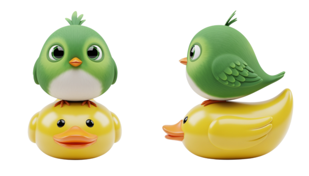 Cute green bird standing on rubber duck isolated on transparent background PNG