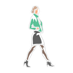 Young woman in high heels shoes walking, side view, isolated vector illustration. Woman with hands in pockets.